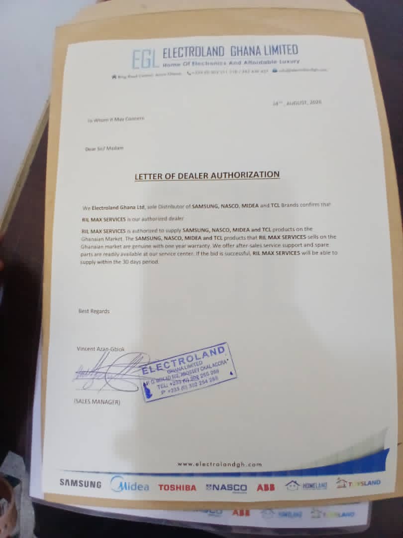 Letter of dealer authorization from Electroland Ghana Limited